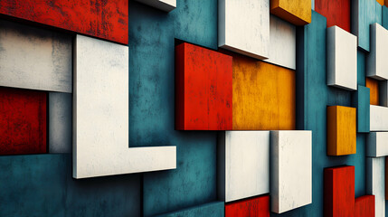 Poster - Abstract geometric arrangement with three-dimensional rectangles and vibrant hues