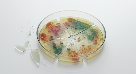 Poster - Fractured Multi Colored Petri Dish Broken Isolated On White Screen Background Representing Scientific Disruption and Fragility Highlighting Laboratory Culture and Experimental Mishaps