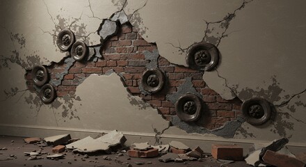 Poster - Partially Destroyed Brick Wall Isolated on White Screen Revealing Exposed Brickwork and Weathered Plaster Perfect for Artistic Projects or Adding Gritty Realistic Touch