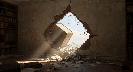 Poster - Pixelated Book Crashing Through Damaged Brick Wall with Debris Isolated on White Screen Background Revealing Bright Sky and Clouds Perfect for Decoration and Symbolize Knowledge