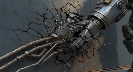 Poster - Cracked Wall and Robot Arm Punching Through isolated on white screen background Displaying Damage and Destruction Ideal for Ads Promotions and Conceptual Designs