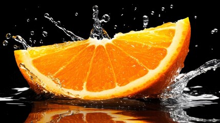 Poster - Juicy orange slice splashing into water, isolated on black background.