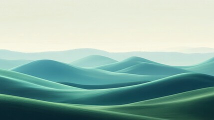 Poster - Serene, misty green hills rolling into the horizon under a soft, bright sky.