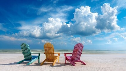 Wall Mural - three colorful beach chairs on the white sand of florida's clear blue sky with fluffy clouds.