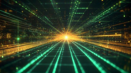 Leinwandbilder - Abstract digital tunnel with glowing lines and particles, representing data flow and connectivity.