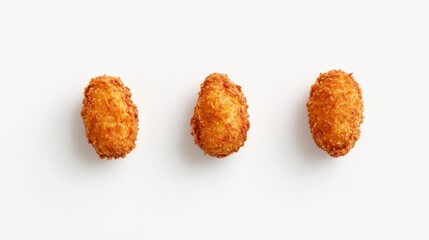 Aufkleber - Three golden-brown, crispy fried snacks arranged in a row on a white background.
