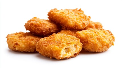 Aufkleber - Pile of golden-brown, crispy chicken nuggets, some showing flaky, textured breading and juicy interior.