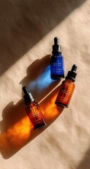 Aufkleber - Three amber and blue glass dropper bottles of serum or essential oil, arranged on a beige fabric background, illuminated by sunlight casting shadows. : Generative AI