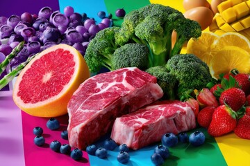 Aufkleber - Vibrant rainbow arrangement of fresh food: beef steaks, broccoli, grapefruit, blueberries, strawberries, asparagus, mango, and eggs. : Generative AI