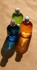 Poster - Three glass perfume bottles in blue, green, and amber, casting shadows on a beige surface.  Sunlight illuminates the bottles, highlighting their elegant shapes and vibrant colors. : Generative AI