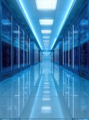 Leinwandbilder - A futuristic server room corridor with sleek, blue-lit racks and a highly polished floor reflecting the technological environment. : Generative AI