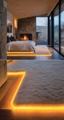 Poster - Modern bedroom with stone fireplace and illuminated rug, showcasing a luxurious and minimalist interior design aesthetic. : Generative AI