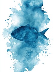 Leinwandbilder - Vibrant Blue Watercolor Backdrop Features a Striking Central Fish Surrounded by Fluid Brushstrokes