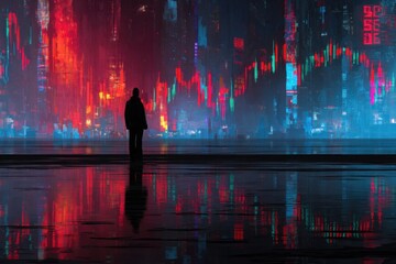 Poster - A digital artwork depicting an adult standing in front of a holographic display showing stock market charts : Generative AI