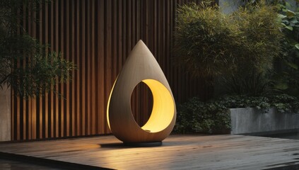 Poster - Illuminated teardrop-shaped wooden outdoor lamp, nestled in a tranquil garden setting with bamboo plants and a wooden wall backdrop. : Generative AI