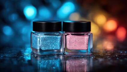 Aufkleber - Two square jars of glitter, one light blue and one pink, sit on a dark reflective surface with a blurred bokeh background of blue and orange lights. : Generative AI