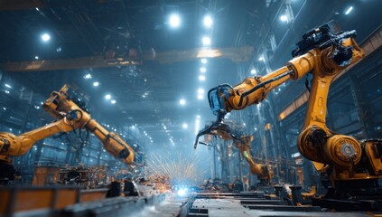 Leinwandbilder - Industrial robotic arms welding metal in a modern factory, sparks flying, showcasing advanced automation and manufacturing technology. : Generative AI