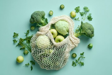 Poster - Green vegetables and fruits in a reusable mesh bag on a light green background.  A healthy and sustainable shopping concept. : Generative AI