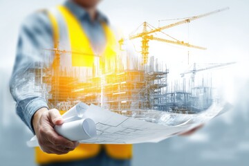 Poster - Construction engineer reviewing blueprints, superimposed image of building under construction with cranes, showcasing architectural design and urban development. : Generative AI