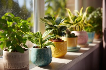 Aufkleber - Sunlight illuminates a row of potted houseplants on a windowsill, showcasing vibrant green foliage and textured ceramic pots. : Generative AI