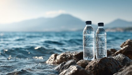 Poster - Two plastic water bottles sit on rocks by the ocean, a serene coastal scene with mountains in the background, conveying themes of hydration and nature. : Generative AI