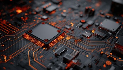 Poster - Close-up view of a circuit board with a central processor, showcasing intricate details of electronic components and glowing orange pathways. : Generative AI