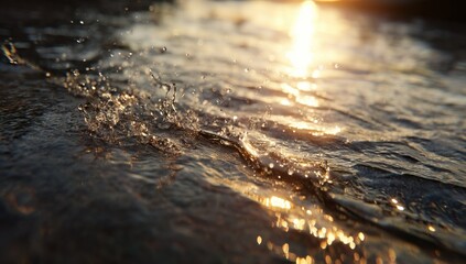 Aufkleber - Golden sunlight reflecting on water surface, creating shimmering droplets and ripples. Close-up view of water texture at sunset, showing dynamic movement and golden light. : Generative AI