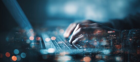 Leinwandbilder - A person's hands typing on a laptop keyboard, overlaid with a dreamy nightscape of a city skyline and bokeh lights, creating a captivating double exposure effect. : Generative AI