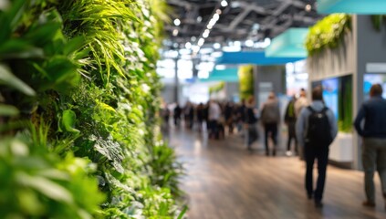 Leinwandbilder - A vibrant green wall of plants creates a calming atmosphere in a modern convention center, with blurred figures of attendees walking in the background. : Generative AI