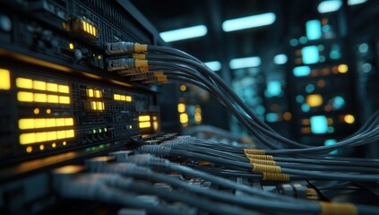 Fototapete - Close-up view of fiber optic cables connected to a server rack in a modern data center, glowing lights illuminate the network hardware. : Generative AI
