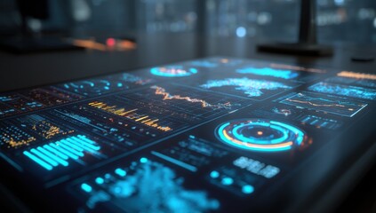 Poster - Futuristic digital dashboard displaying complex data visualizations, including charts, graphs, and maps, illuminated with vibrant blue and orange hues. : Generative AI