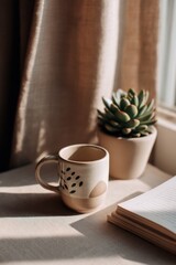 Aufkleber - A sunlit morning scene featuring a ceramic mug with abstract design, a succulent plant in a pot, and a stack of books on a beige surface near a window. : Generative AI