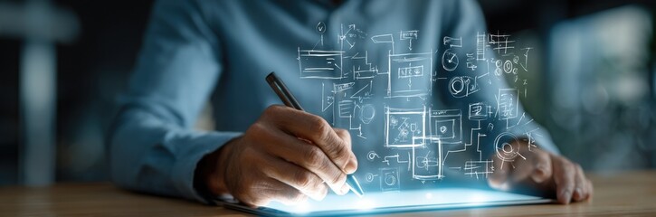 Poster - Person using stylus on tablet, sketching website wireframes and app design interfaces, digital planning concept. : Generative AI