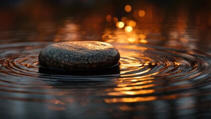 Aufkleber - Serene sunset scene: a smooth, grey stone floats gently on calm water, creating concentric ripples reflecting the warm, golden light. : Generative AI