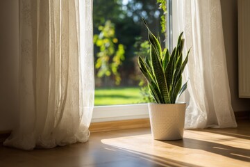 Poster - Snake plant in white pot sits on wooden floor near sheer curtains, sunlight streaming through window, garden view. : Generative AI