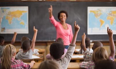 Poster - Diverse group of elementary school children raise their hands to answer questions during class, a teacher smiles encouragingly in the background. : Generative AI