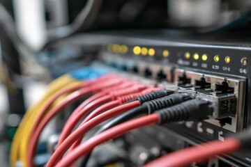 Leinwandbilder - Close-up view of network cables connected to a server switch, showcasing red, yellow, and blue fiber optic cables plugged into ethernet ports. : Generative AI