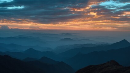 Poster - Serene sunset over a vast, layered mountain range, showcasing a breathtaking panorama of deep blue hues and fiery orange clouds in the sky. : Generative AI
