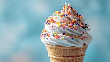 Poster - Close-up of a delicious soft serve ice cream cone generously topped with colorful sprinkles, set against a blurred light-blue background. : Generative AI