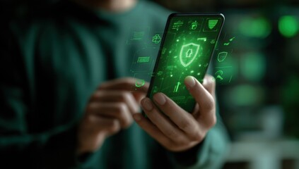 Poster - Person using smartphone with glowing green digital security shield interface, showcasing online protection and data safety features. : Generative AI