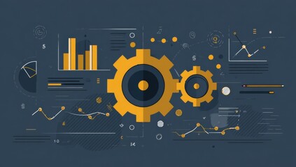 Aufkleber - Abstract illustration of interconnected gears, charts, and graphs representing business processes, data analysis, and workflow optimization, set against a dark blue background. : Generative AI