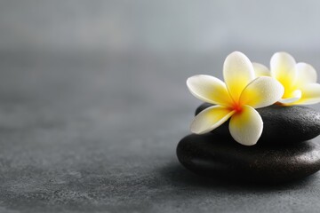 Poster - Spa serenity: two delicate frangipani blossoms rest atop a balanced stack of smooth, dark grey stones, creating a tranquil and peaceful scene. : Generative AI