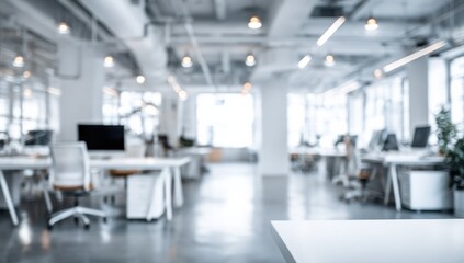 Poster - Modern, bright office interior with blurred background of desks, computers, and chairs, showcasing a clean, minimalist workspace design. : Generative AI