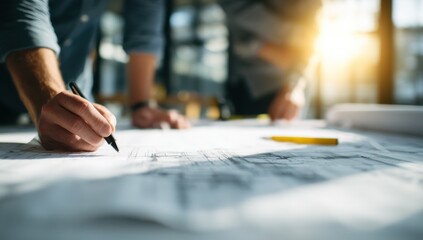 Poster - Architect's hands carefully drawing precise lines on blueprint, collaborating with colleague in background, sunlight illuminating workspace. : Generative AI