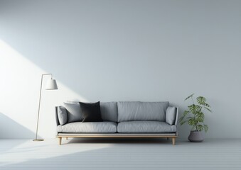 Poster - Modern minimalist living room interior design with a grey sofa, floor lamp, and potted plant against a light grey wall, showcasing a serene and calming atmosphere. : Generative AI