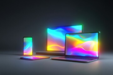 Poster - Modern devices display vibrant, colorful, abstract waves on their screens, showcasing a sleek and futuristic design aesthetic in a dark setting. : Generative AI
