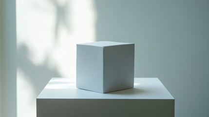 Poster - Minimalist white cube on a white platform, sunlit.