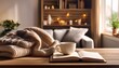 © Miguel - cozy living room with open book coffee cup and knitted blanket on wooden table