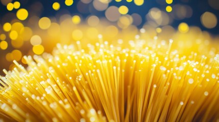 Poster - Close-up of dry spaghetti, golden color, bokeh lights background.