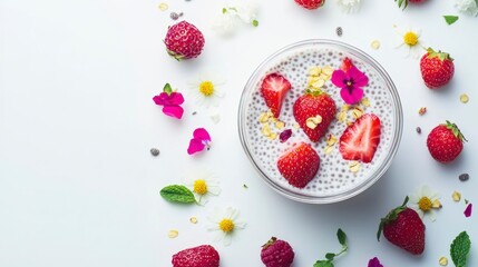 Poster - Delicious chia seed pudding with strawberries and flowers.